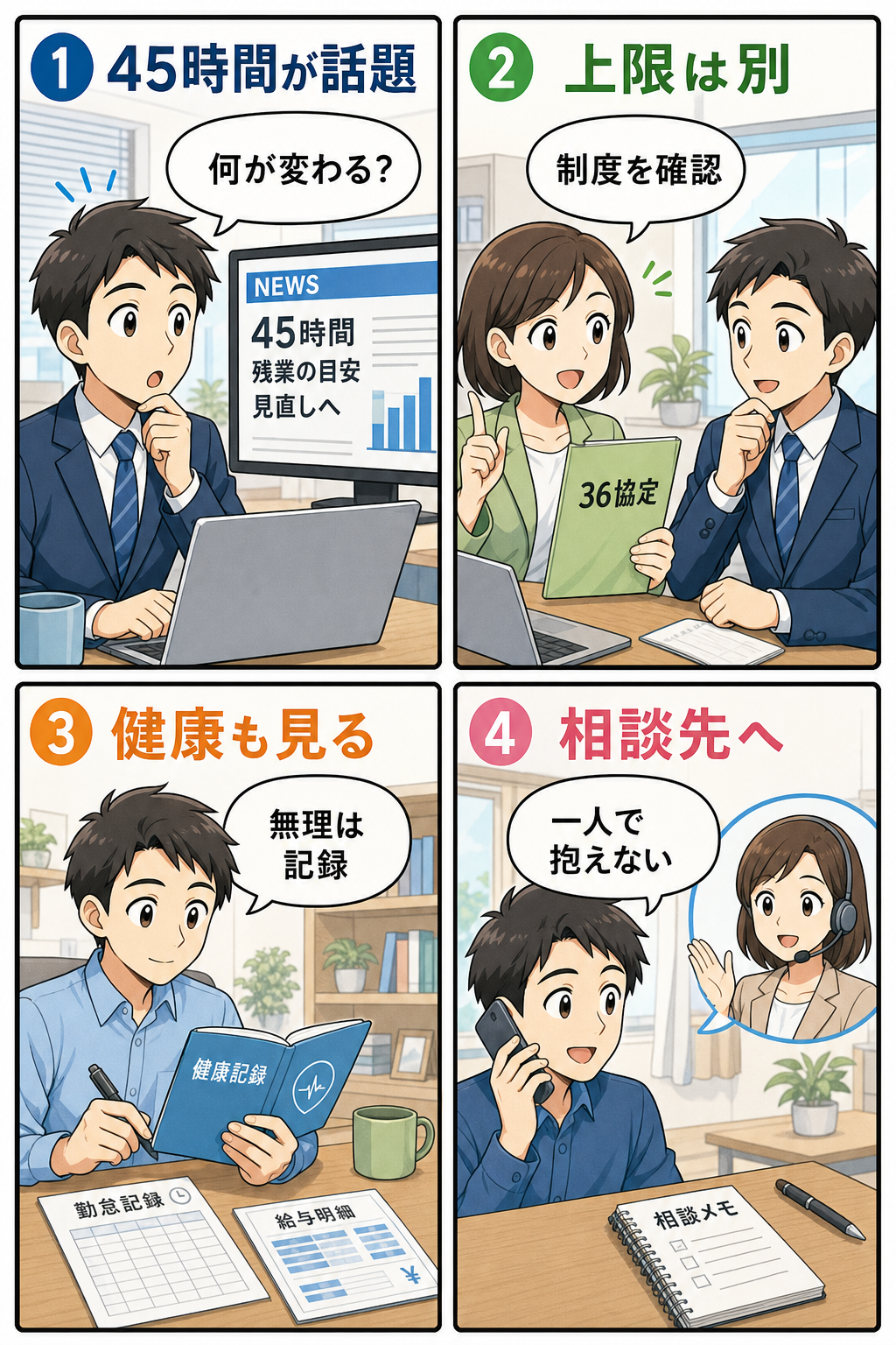 残業45時間のニュースを36協定・健康記録・相談先で整理する4コマ