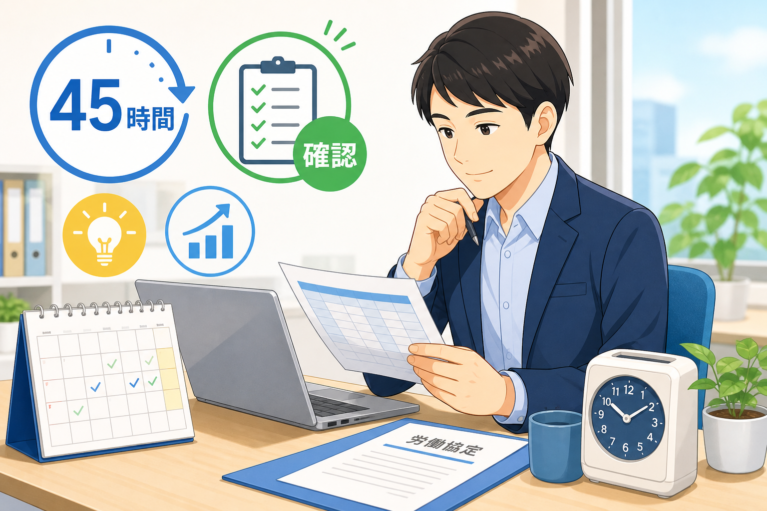 残業45時間の見直しを給与・記録・健康で確認する会社員