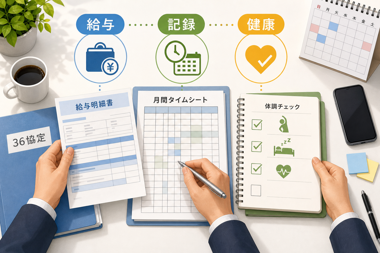 給与明細・勤務記録・健康チェックを机上で確認する手元