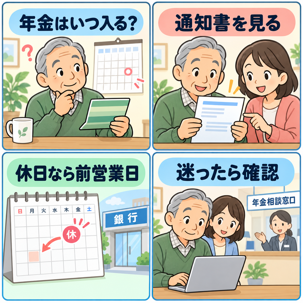 年金支給日を確認する4コマ