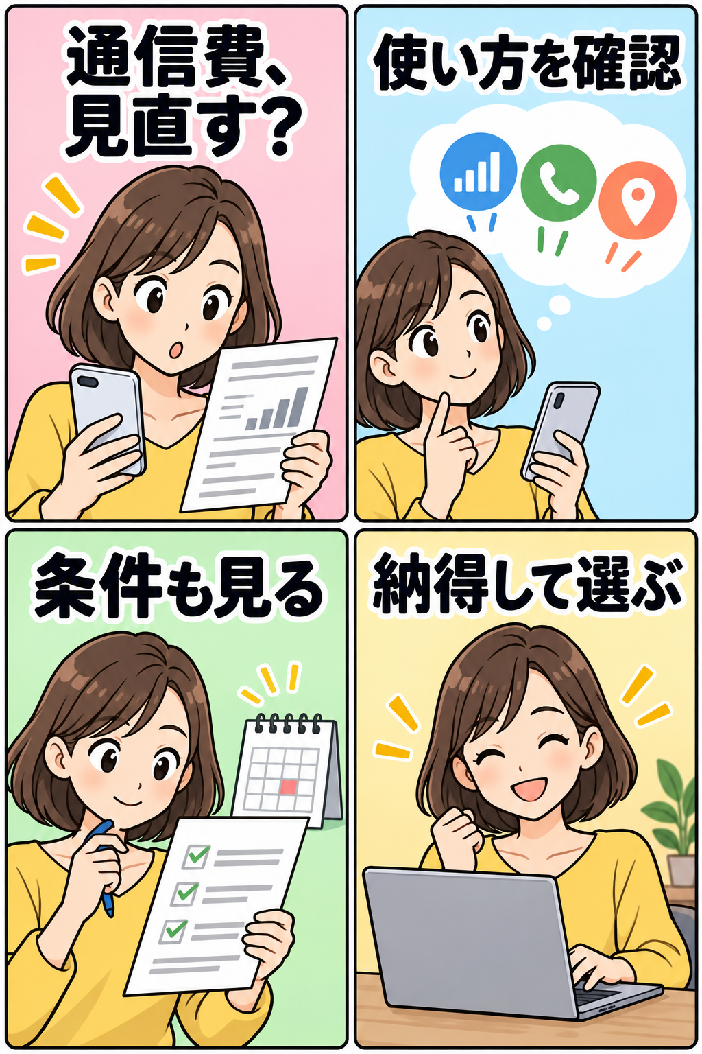 通信費を見直す前に利用量と条件を確認する4コマ漫画