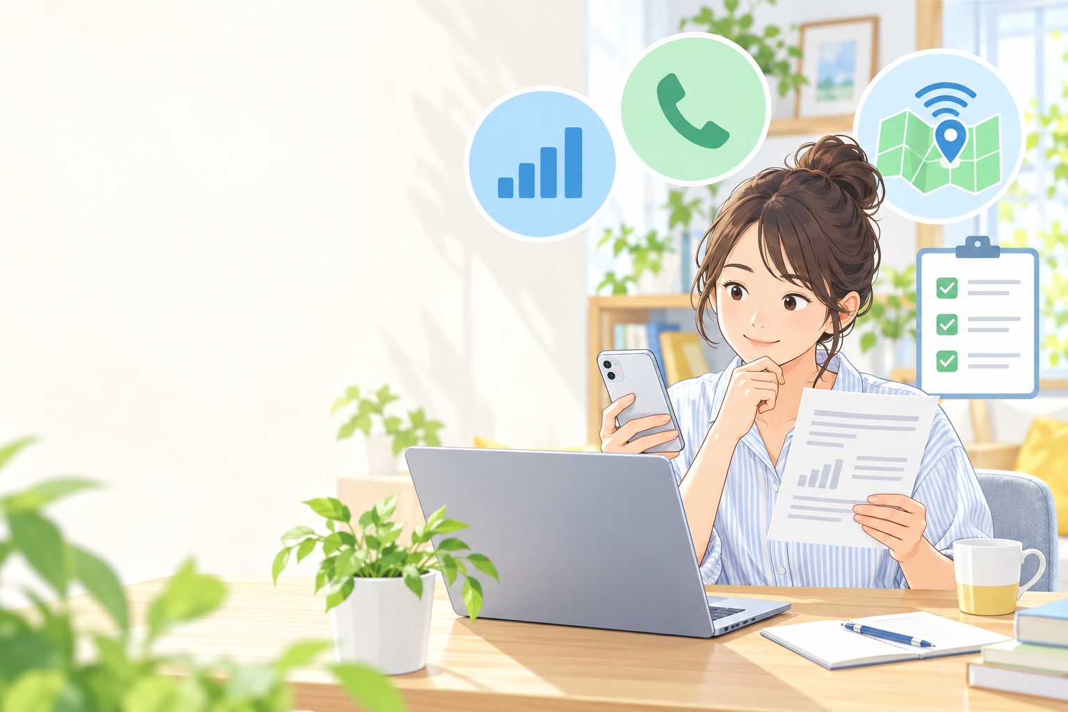 スマホの利用量と通信エリアを確認する女性