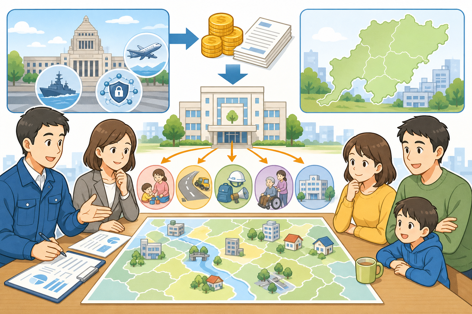 地方交付税と自治体サービスの関係を確認する住民と職員
