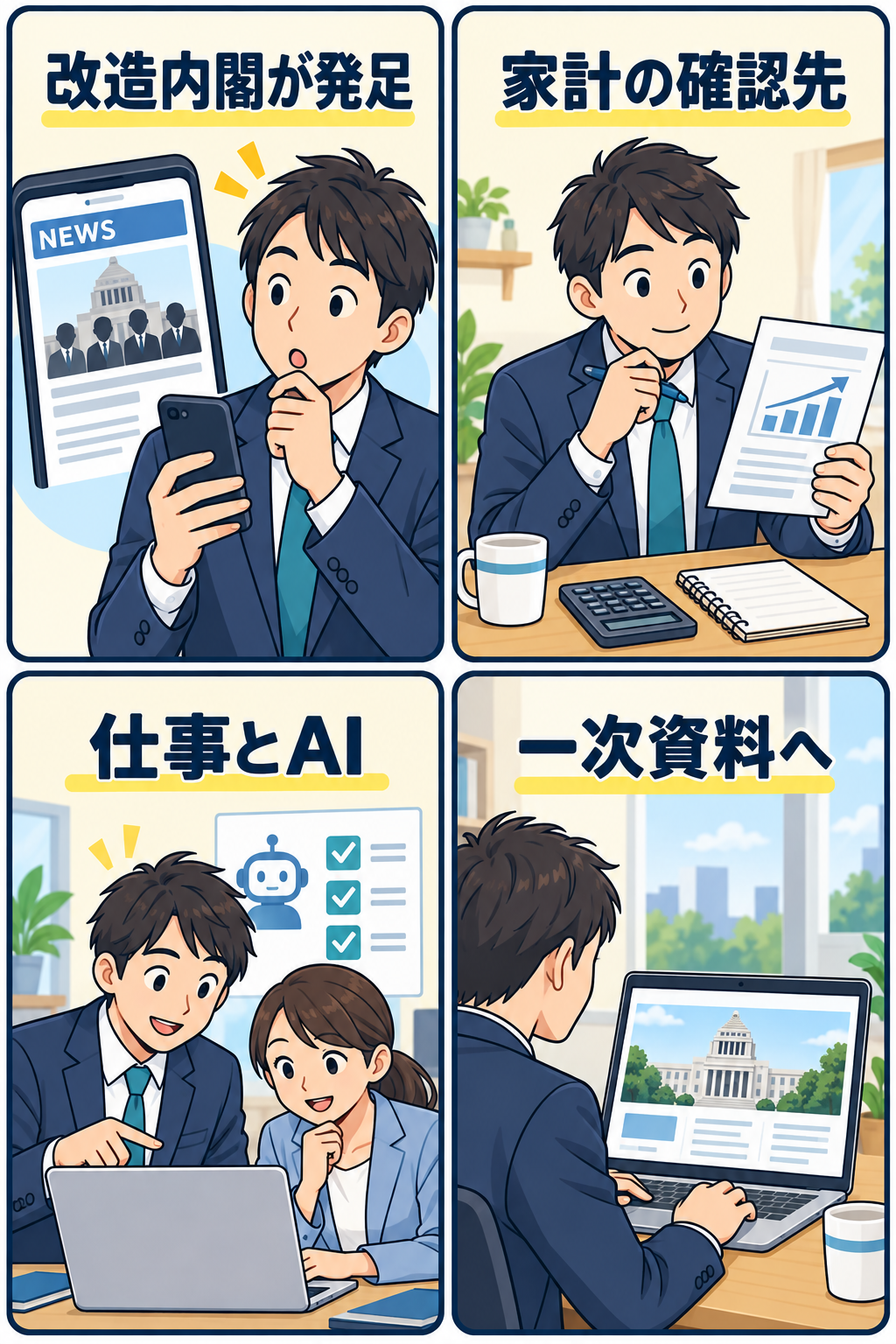 内閣改造のニュースから家計とAI利用の確認先をたどる4コマ漫画