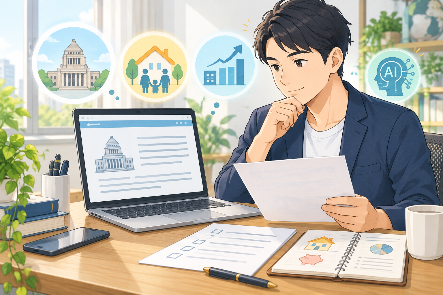 公式情報を確認しながら家計と仕事の変化を整理する会社員