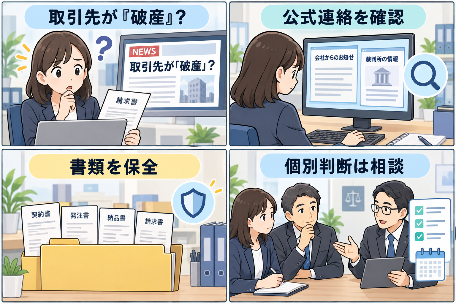 取引先破産時の確認手順4コマ