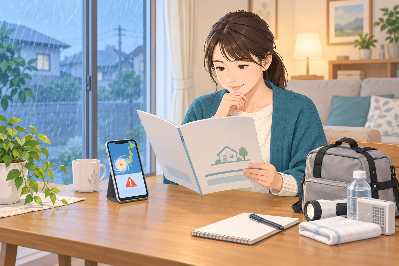 台風時に保険証券を確認する女性