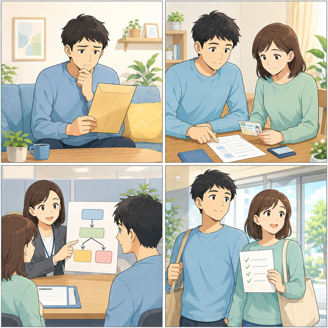 公式窓口で雇用保険の確認を進める手順を伝える4コマ漫画