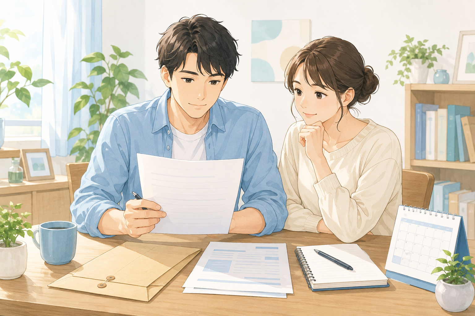 離職票と予定表を前に雇用保険の手続きを確認する会社員