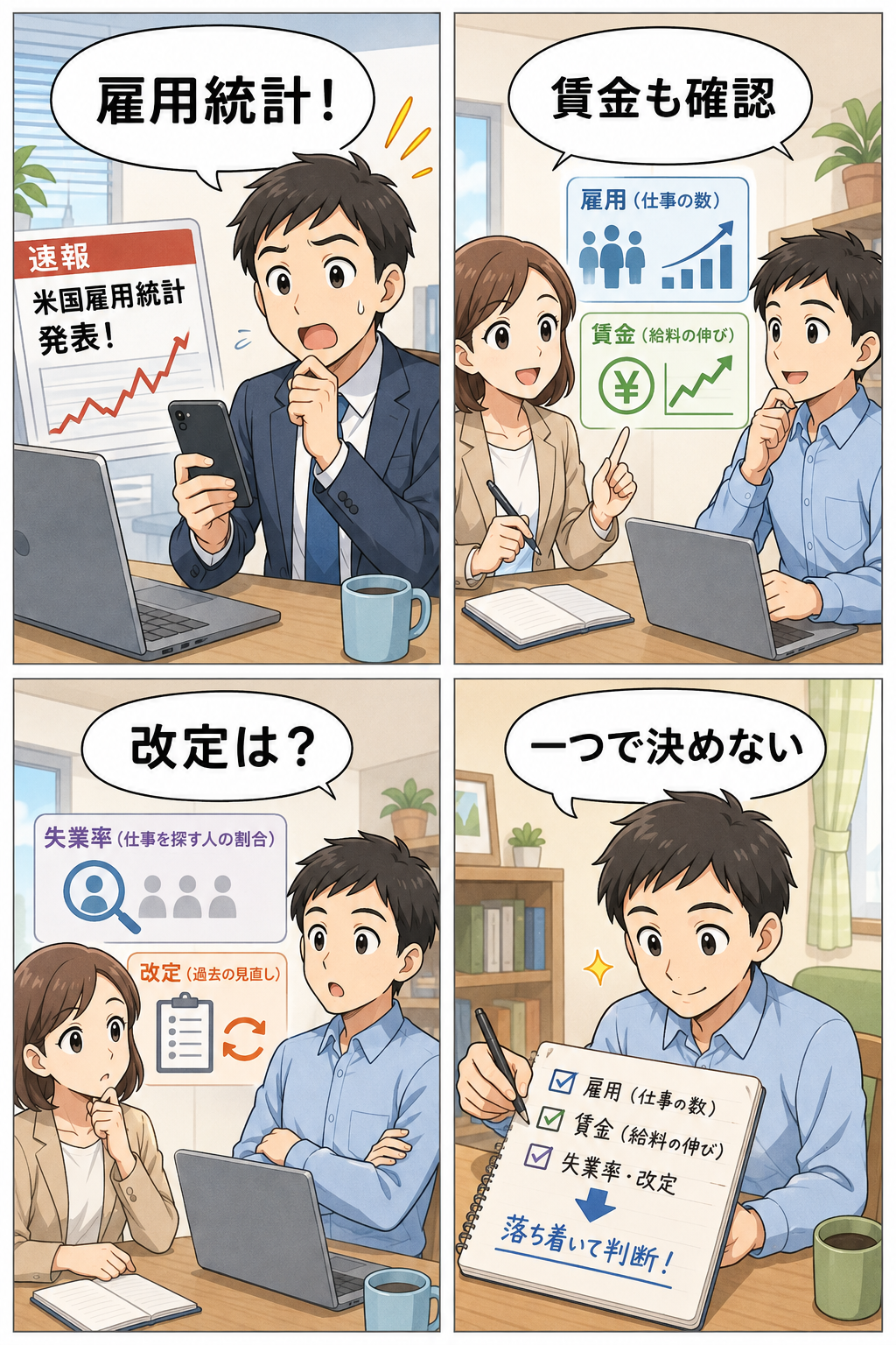 雇用統計の見出しから賃金と改定を確認する4コマ漫画