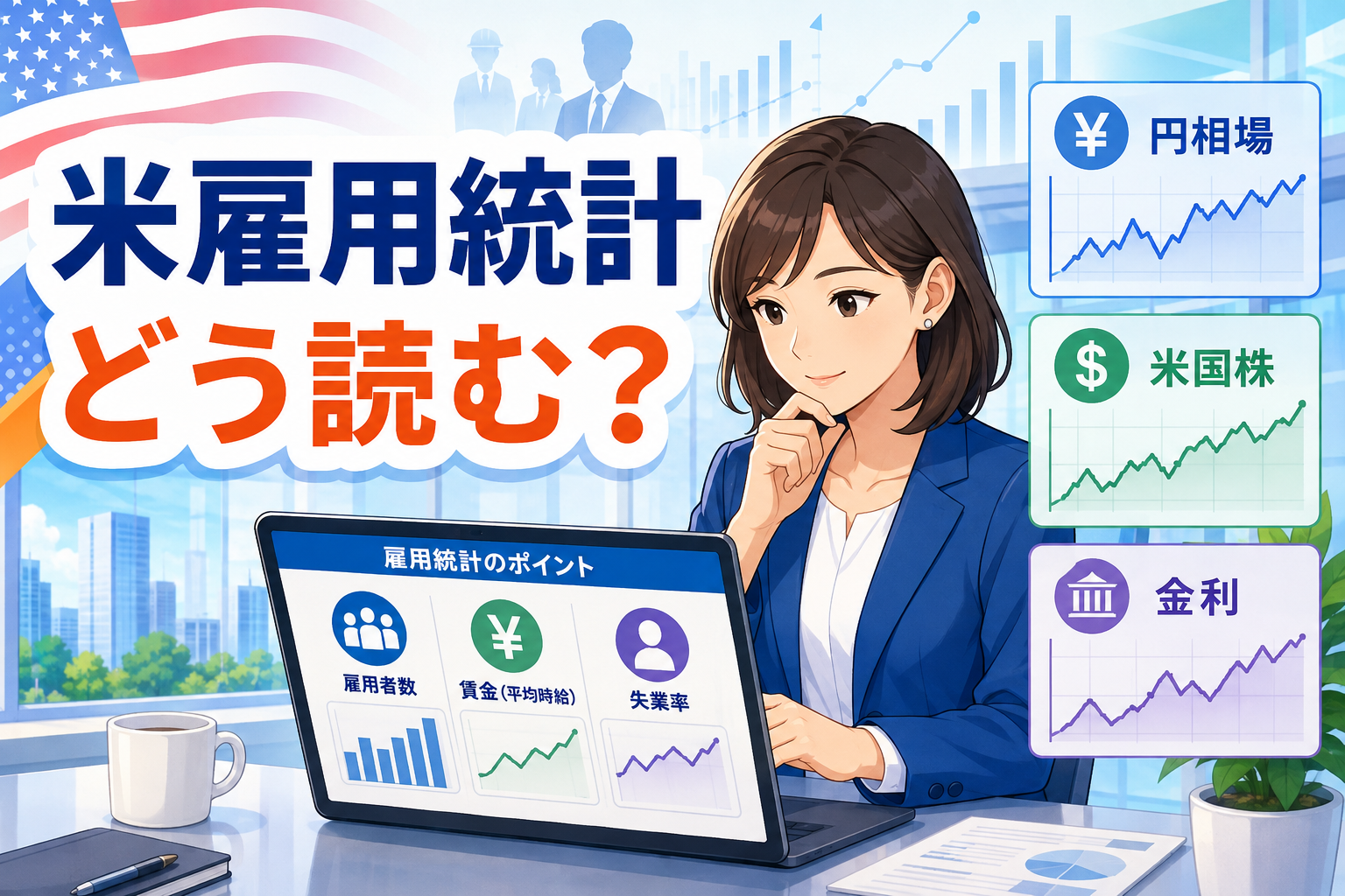 米雇用統計を確認する会社員と円ドルの図解