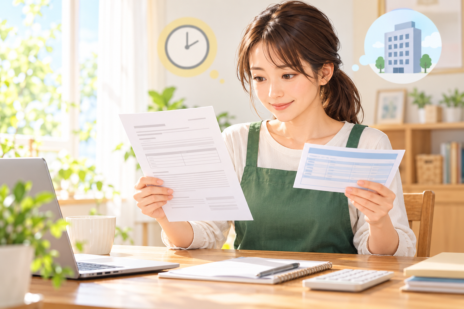 雇用契約書と給与明細を見比べるパート従業員