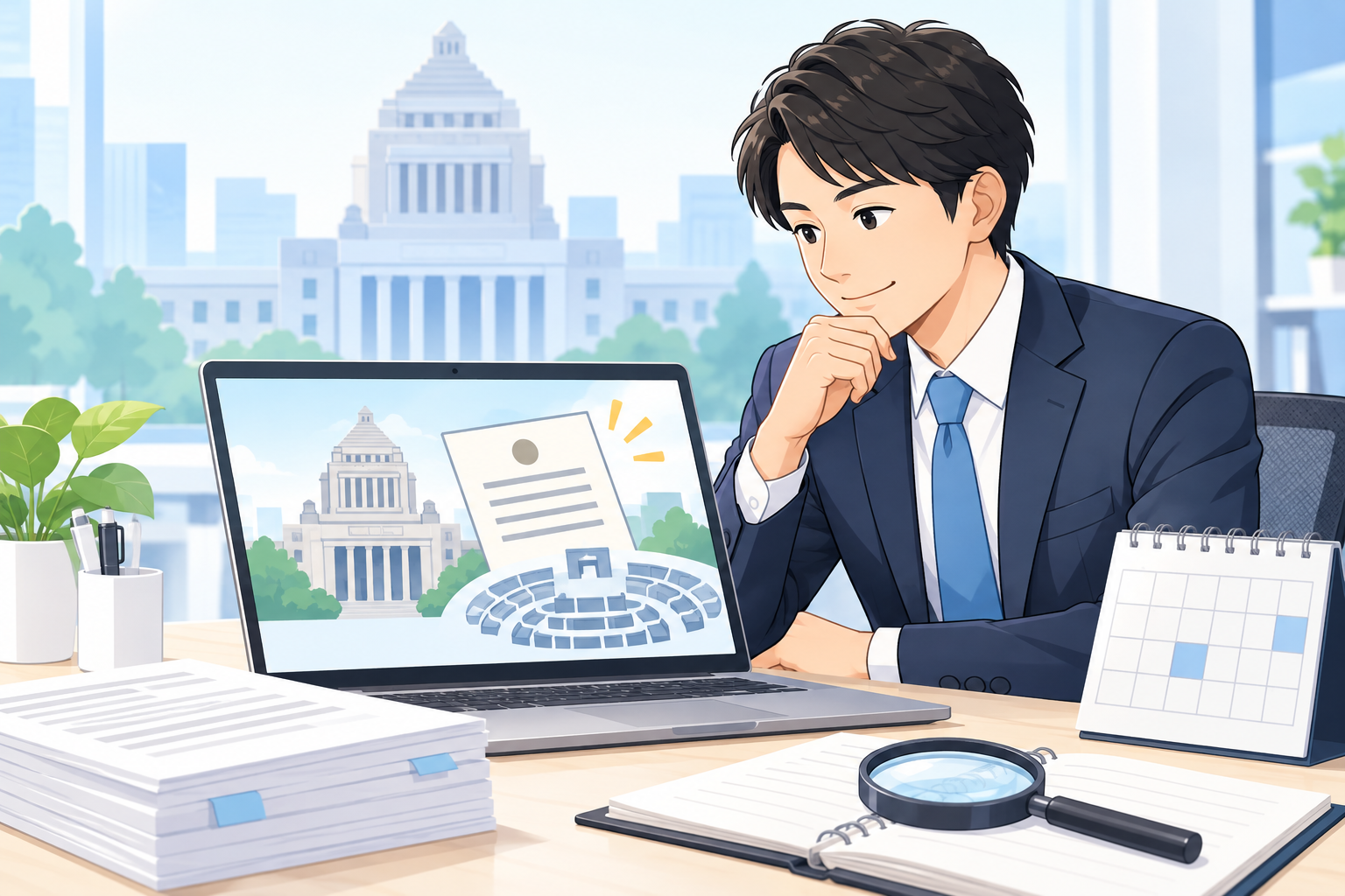 国会資料を確認する会社員