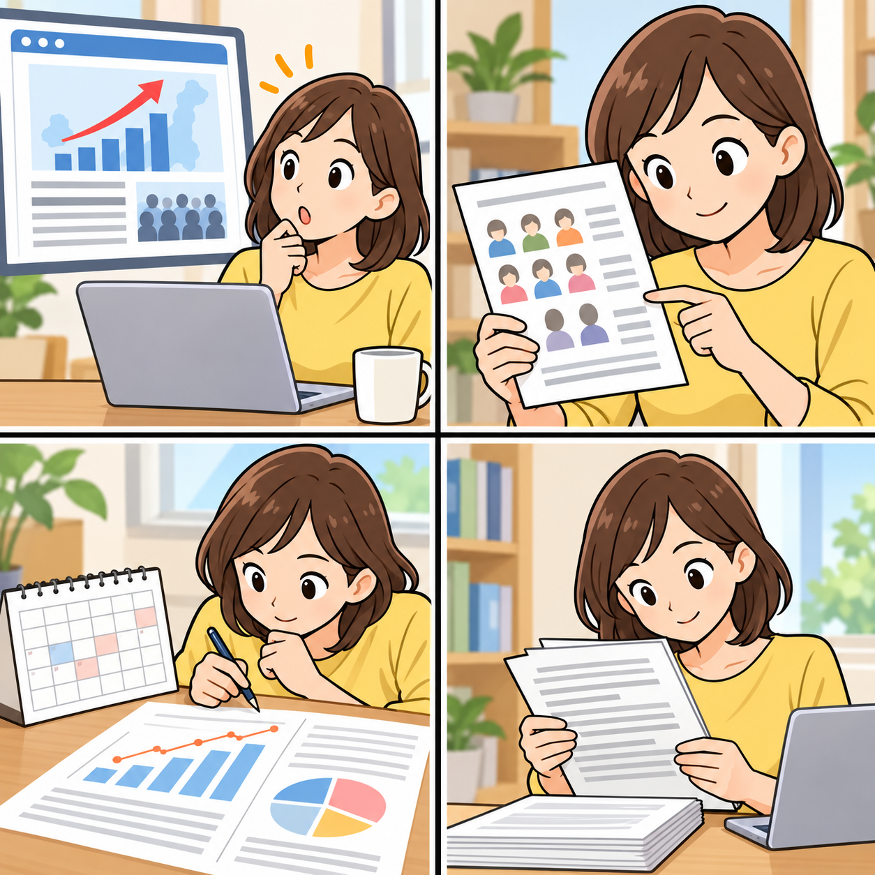 統計の対象と比較条件を調べる4コマ漫画