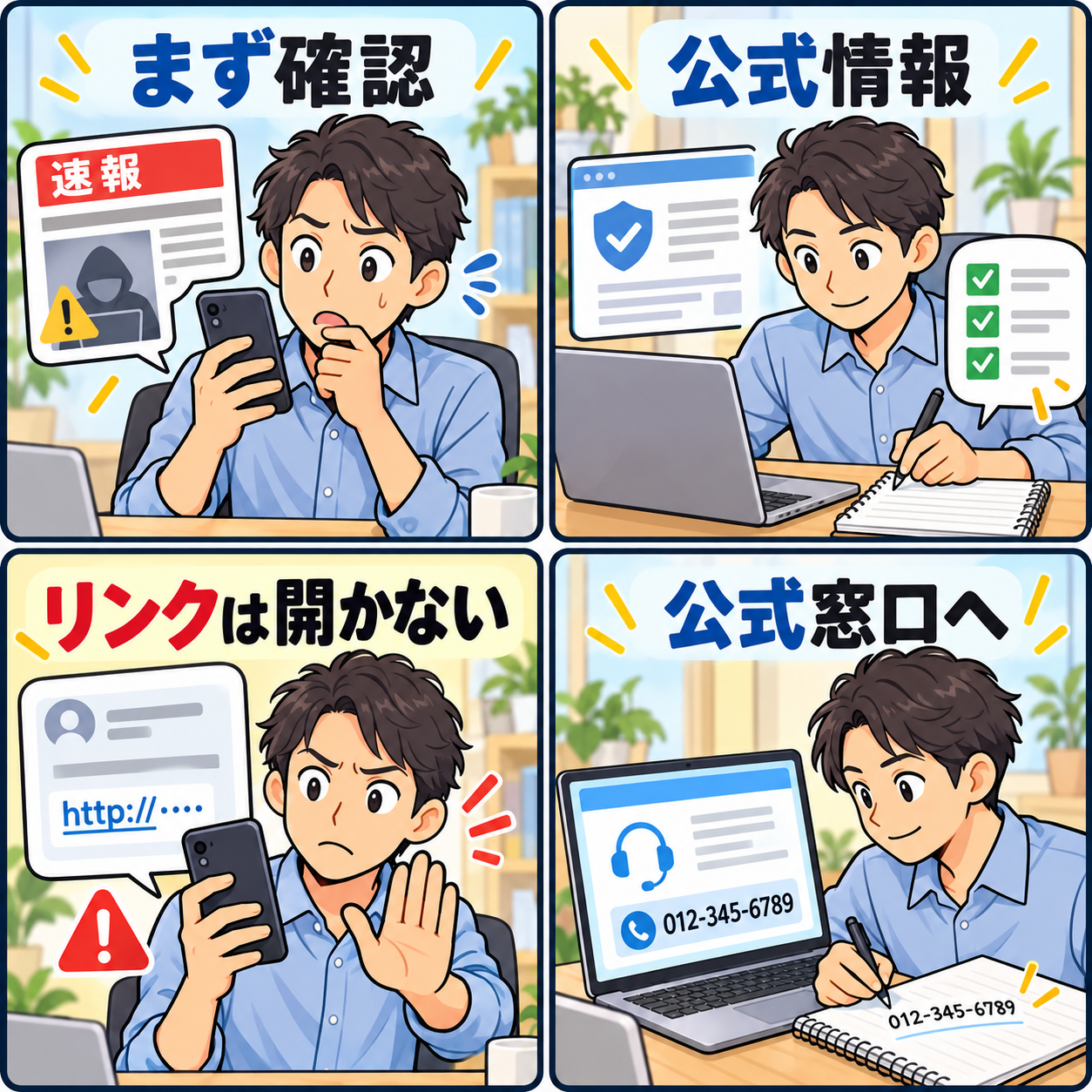 ニュースを見て公式情報と連絡先を確認する流れを描いた4コマ