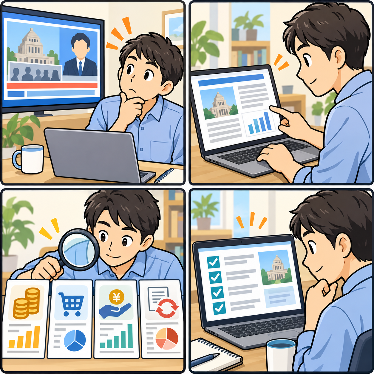 政治資金の公開資料を確認する流れを描いた4コマ