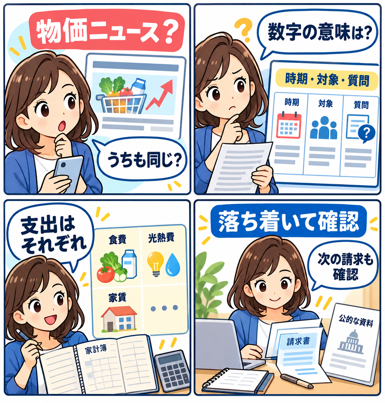 物価ニュースと家計の確認手順を示す4コマ