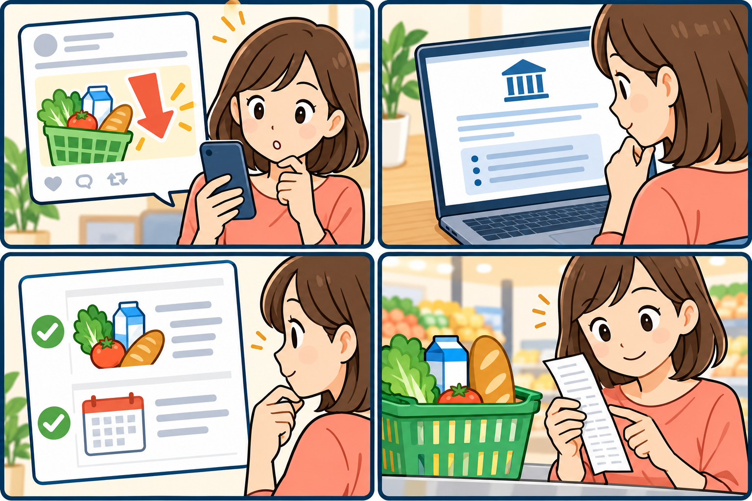 食料品の税ニュースを公式情報とレシートで確認する4コマ