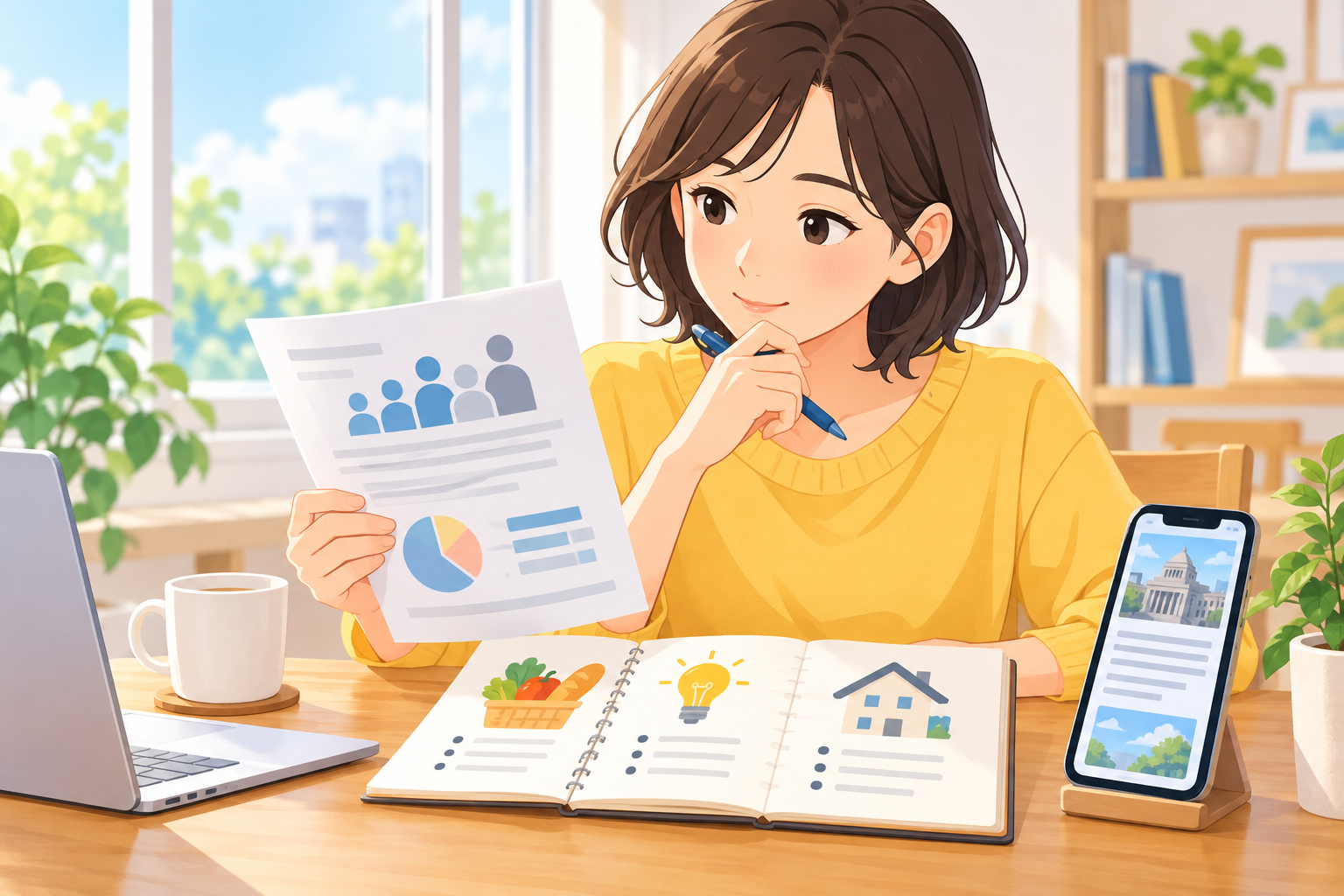 家計簿と調査資料を確認する生活者