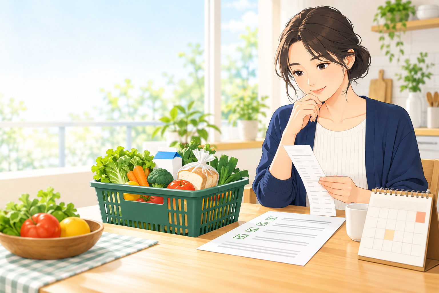 食料品とレシートを確認する人