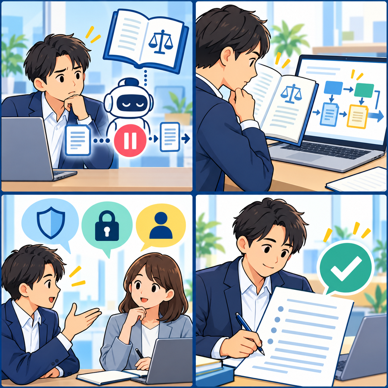 AIの利用ルールを整理する手順を示す四コマ