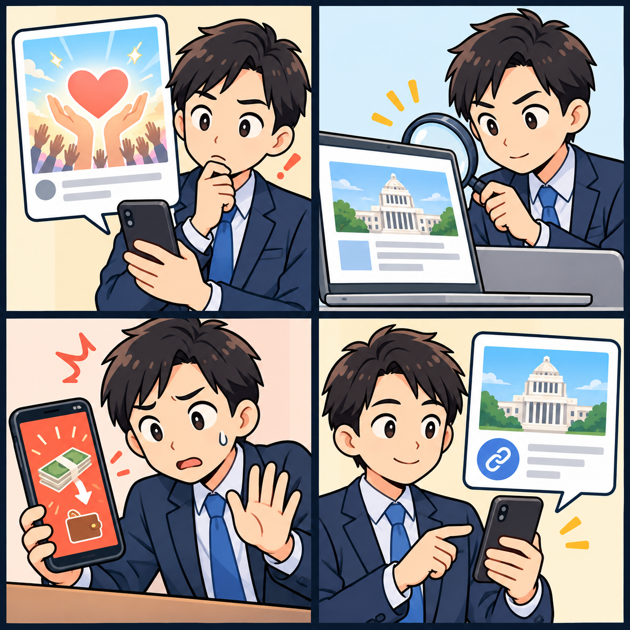 偽装された情報を確認して共有を止める4コマ漫画