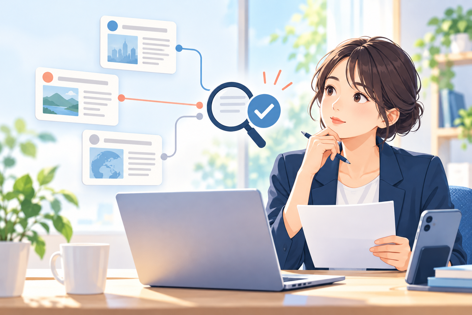 情報の発信元を複数の資料で確認する人物
