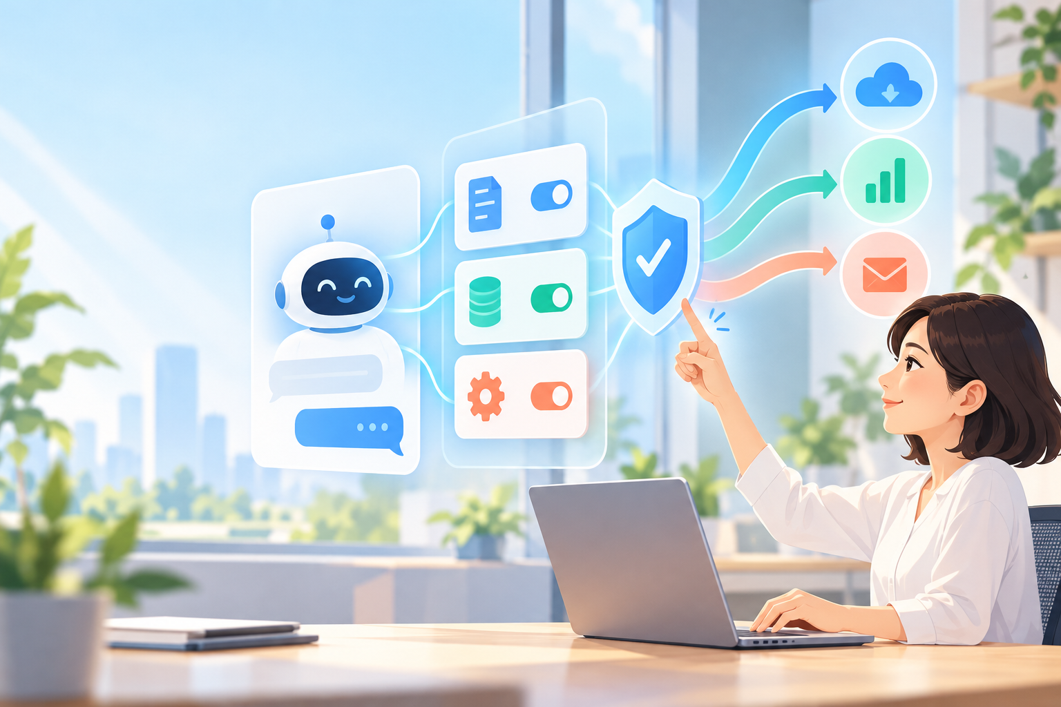 対話型AIの画面と権限カードを確認する社員