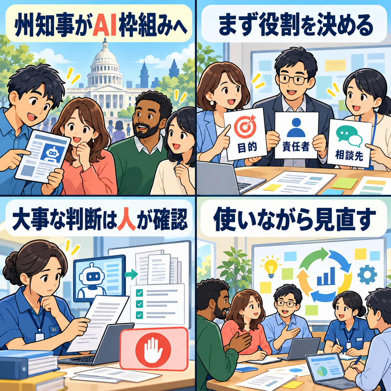 州政府のAI枠組みと人の確認を描く4コマ漫画