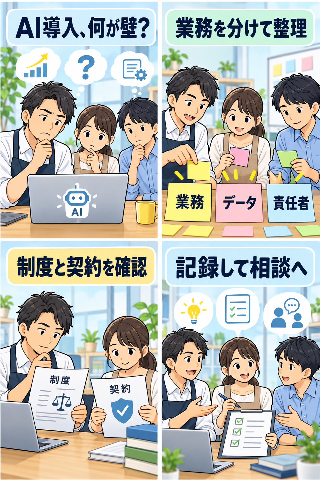 AI社会実装の確認手順を示す4コマ