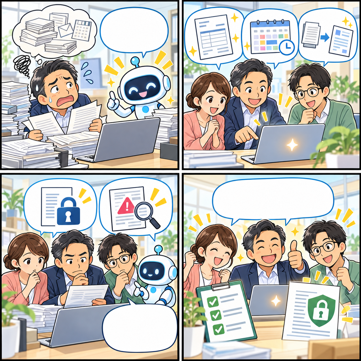 中小企業がAIを小さく安全に導入する流れを示す4コマ漫画
