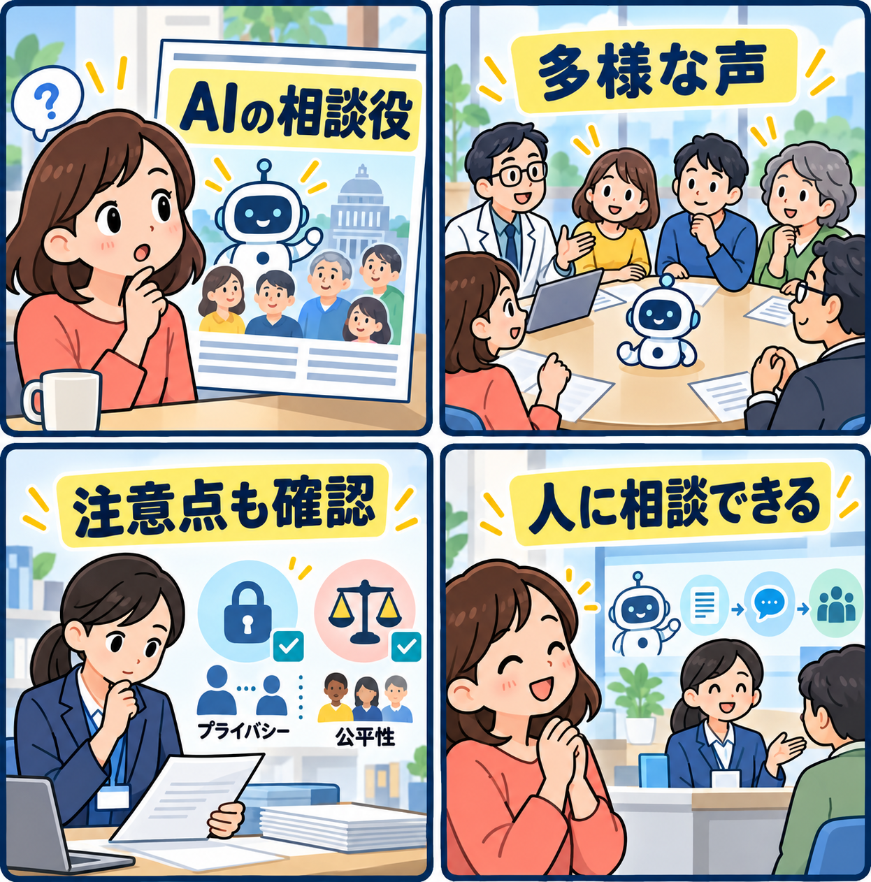 カナダのAI国家評議会と人の相談窓口を描く4コマ漫画