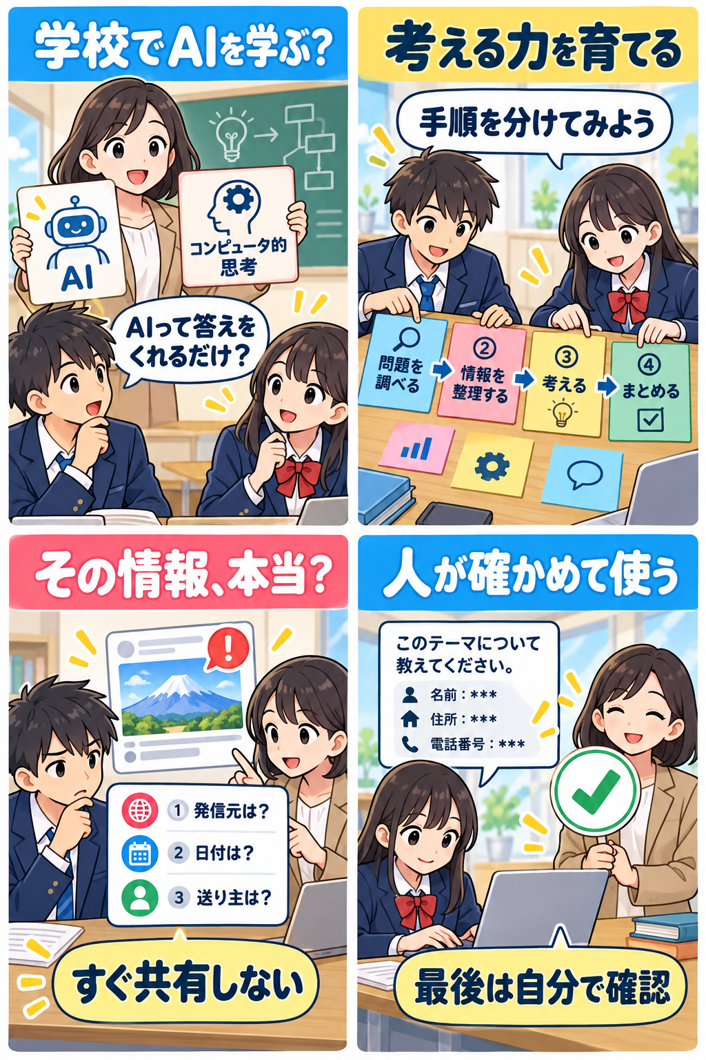 高校生がAIの仕組みと情報確認を学ぶ4コマ漫画