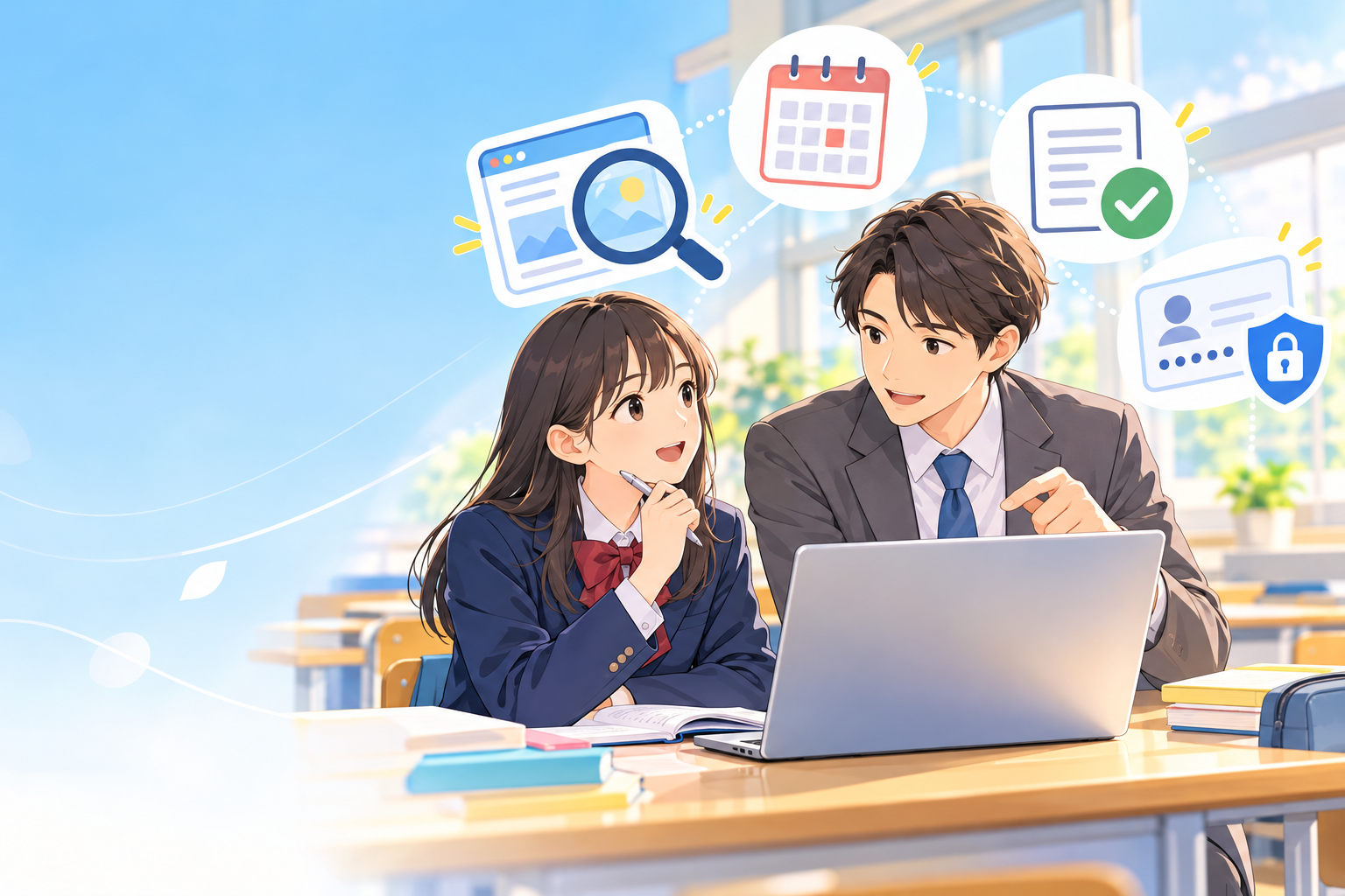 学校でAIと情報の確かめ方を学ぶ生徒と先生