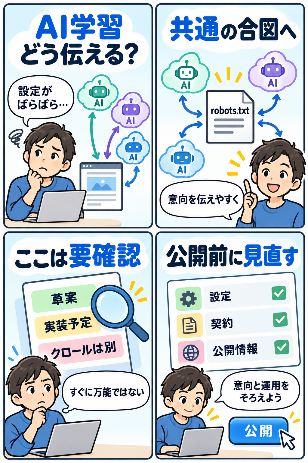 AI学習の利用意向を確認するサイト運営者の4コマ漫画