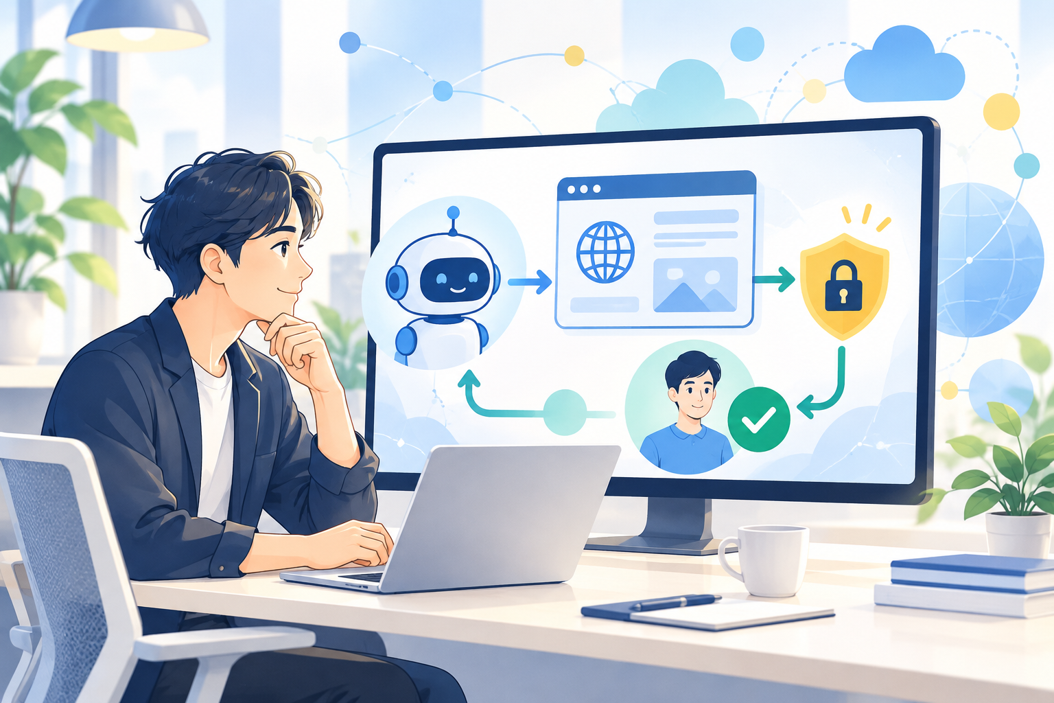 AIエージェントの外部操作を確認する人と画面