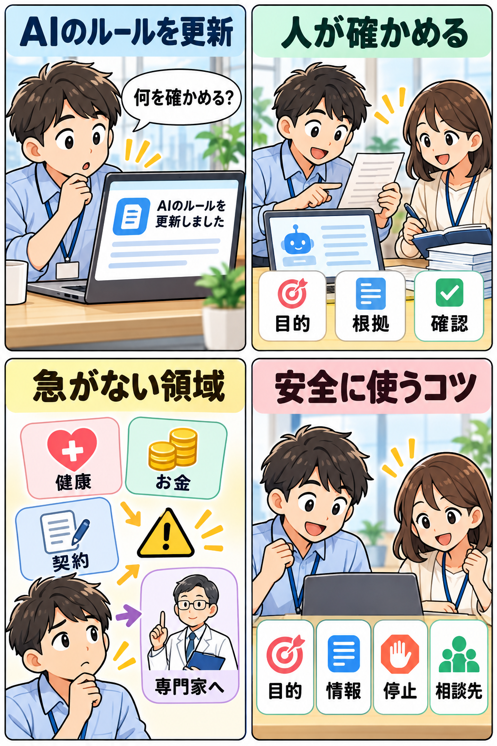 AI利用ポリシー改定と人の確認を描く4コマ漫画