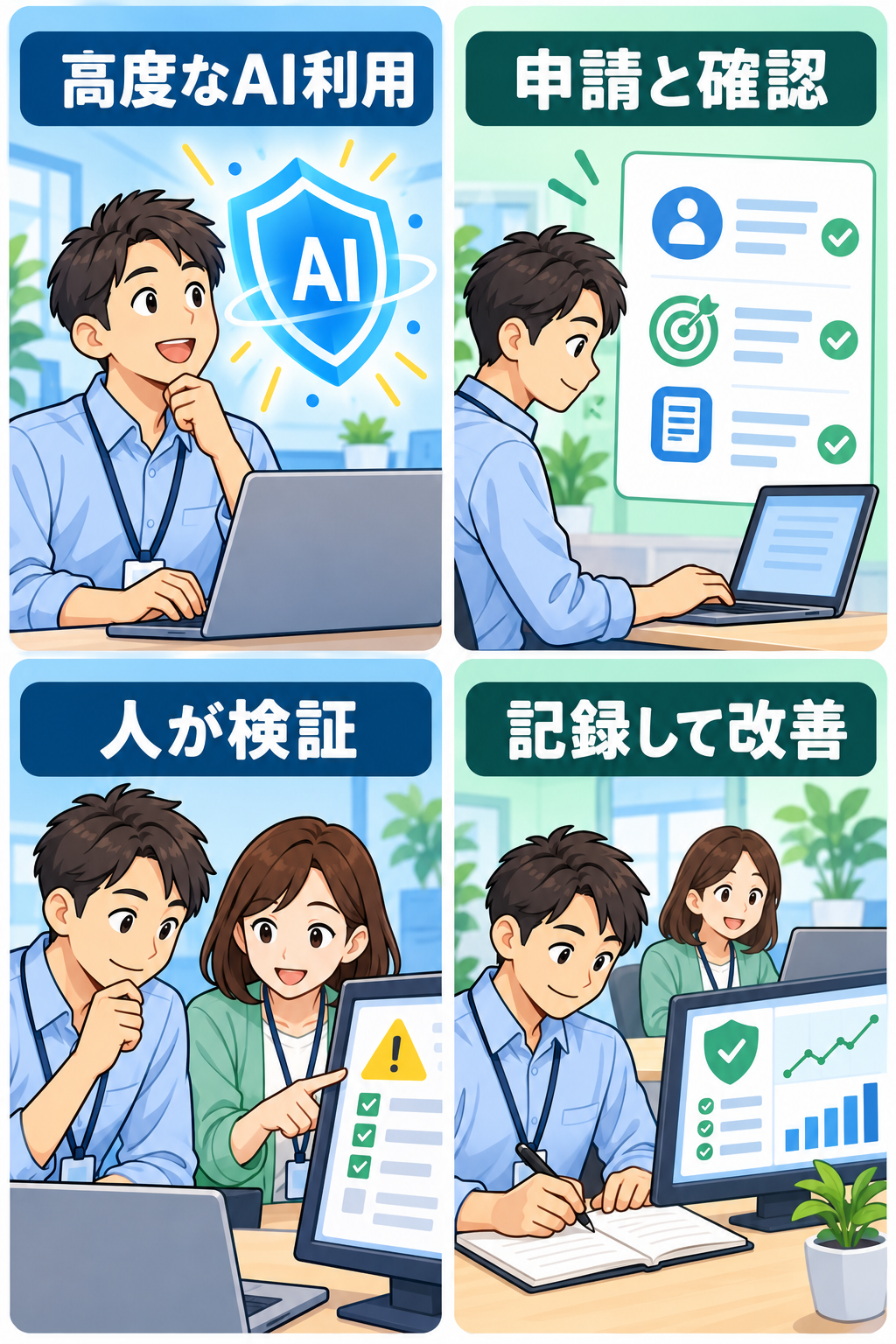 高度なAIの申請、検証、記録を示す4コマ漫画