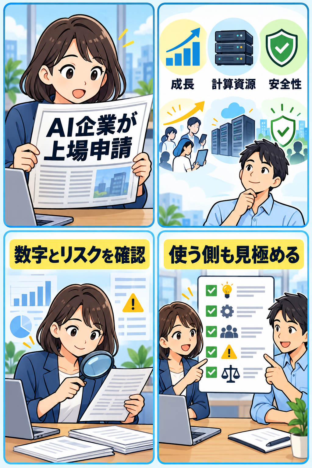 AI企業の上場申請と確認点を示す4コマ漫画