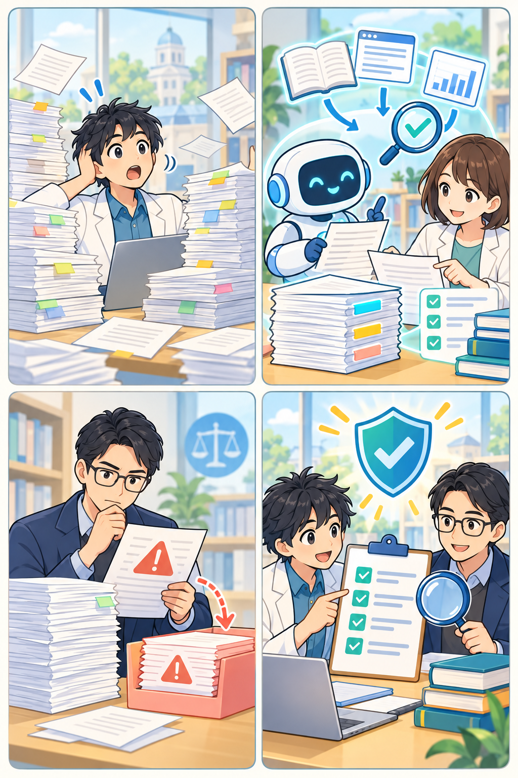 AI時代の論文投稿と根拠確認を描く4コマ