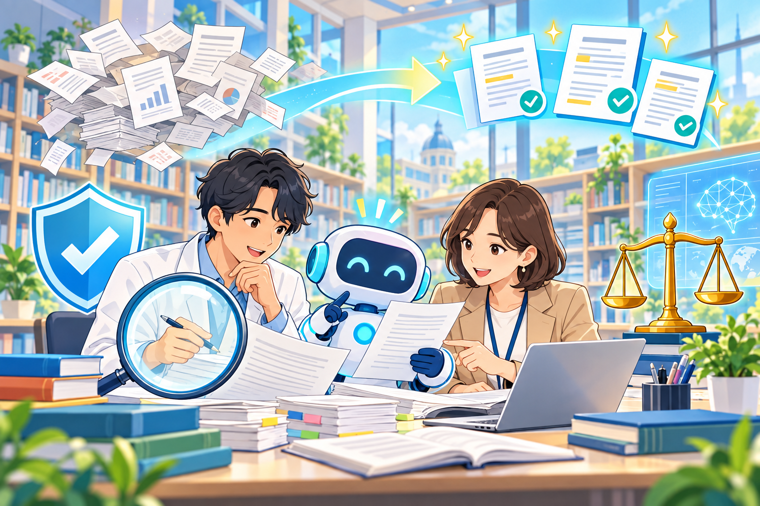 AI支援の研究論文を確認する研究者と編集者