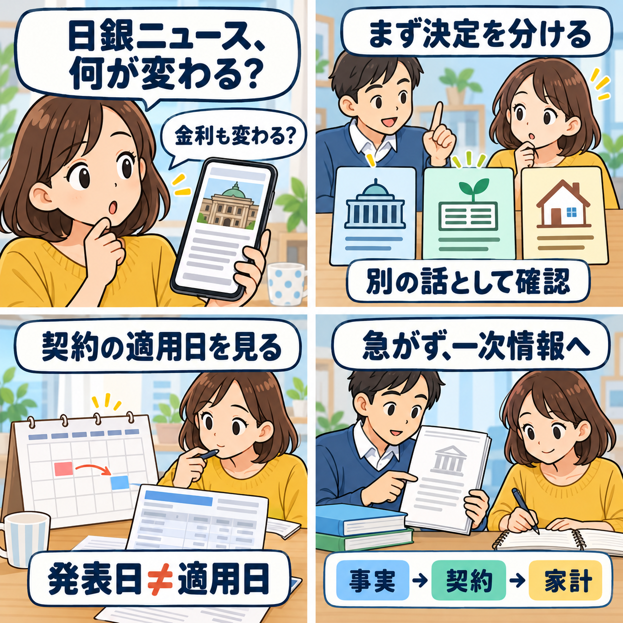 日銀のETF売却と契約確認の手順を示す4コマ