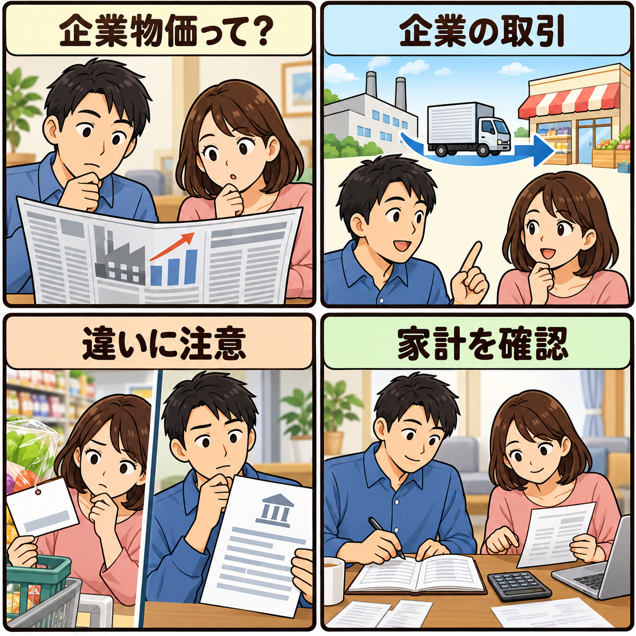 企業物価と銀行貸出の違いを家計の視点で考える4コマ