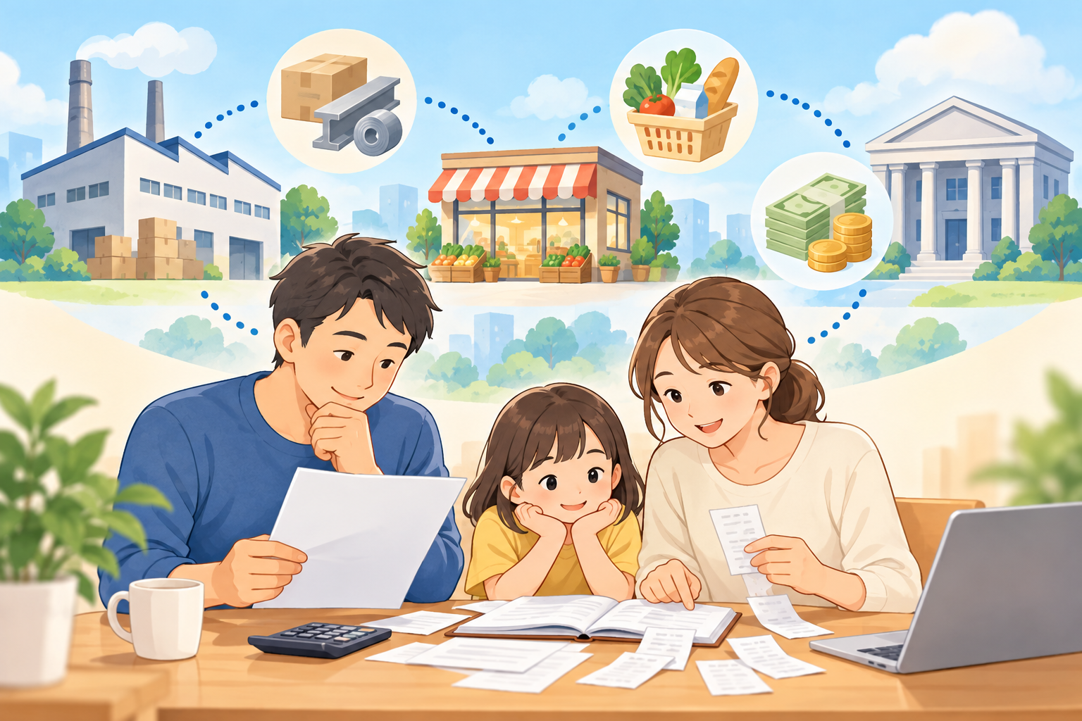企業物価と銀行貸出を家計の書類で確認する家族
