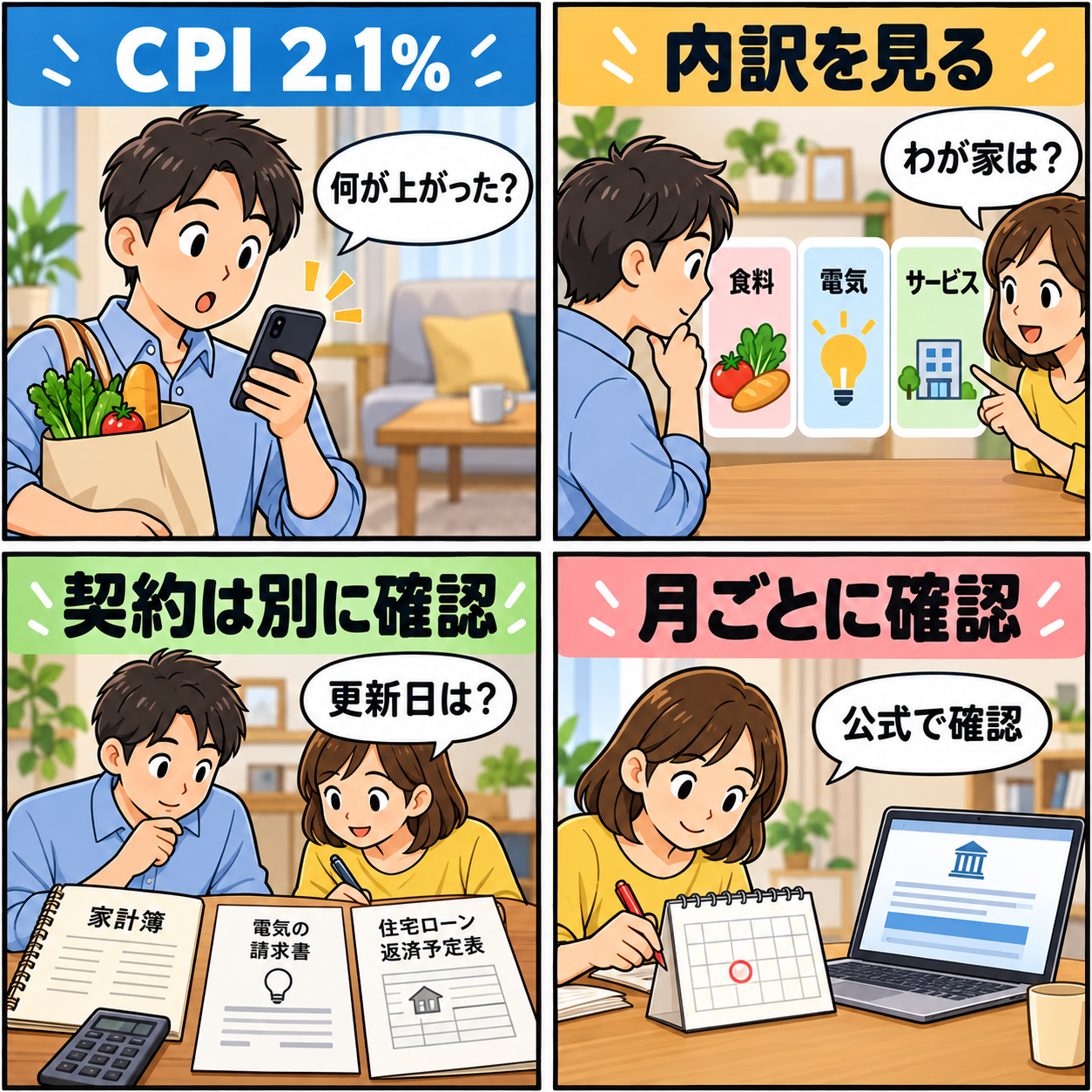 CPIの数字と家計の確認手順を示す4コマ