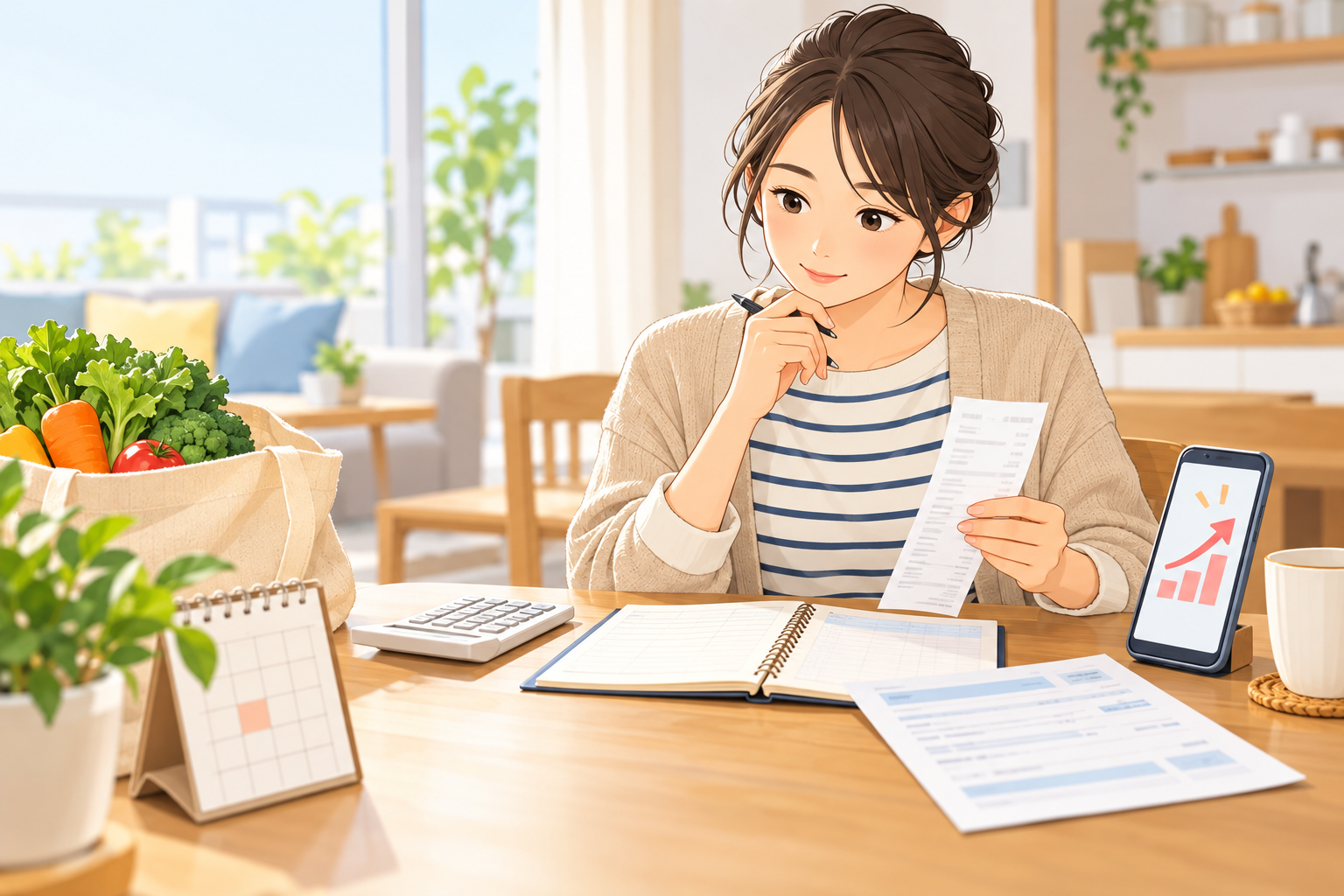 家計簿と請求明細を見比べる生活者