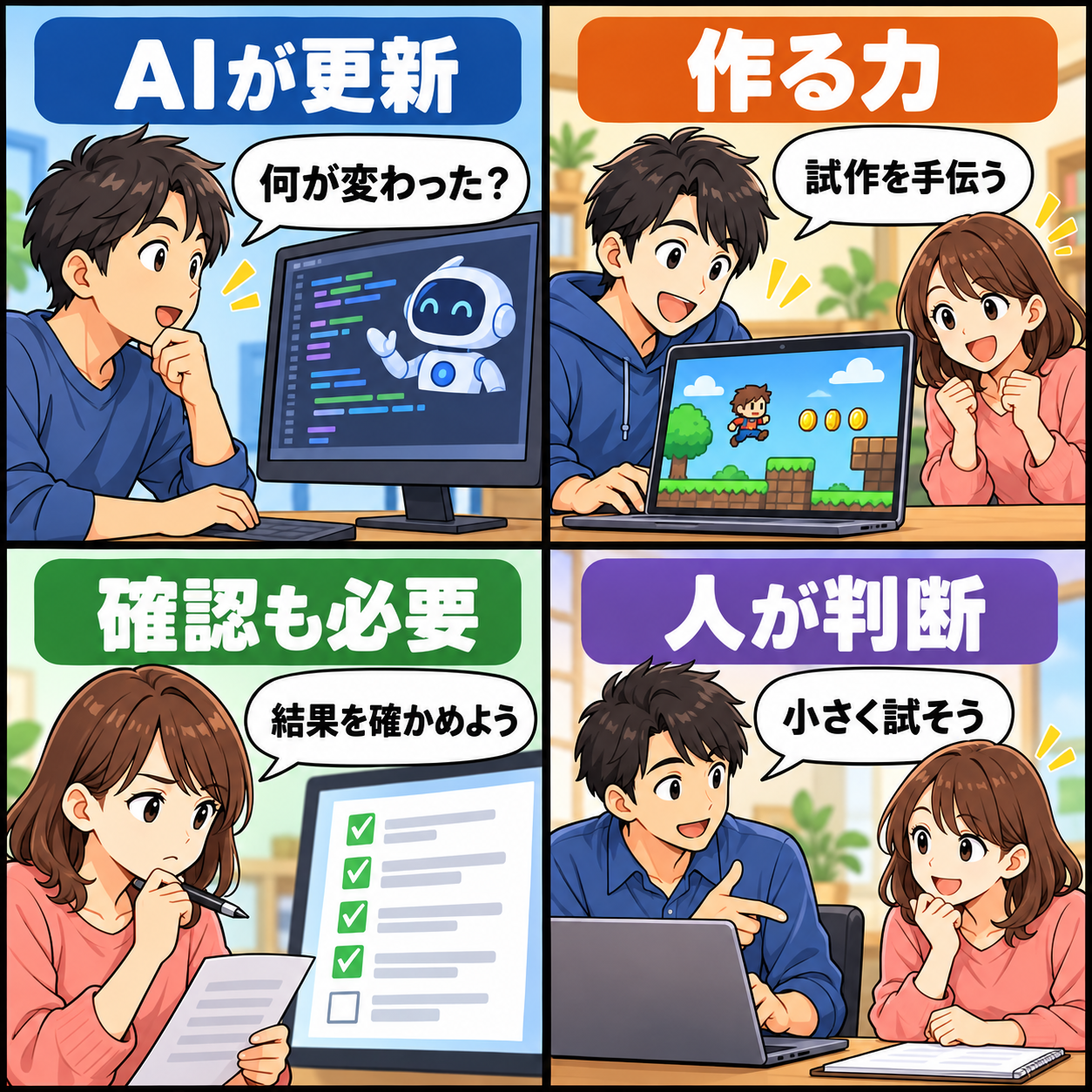 DeepSeekの更新と人による確認を描いた4コマ漫画