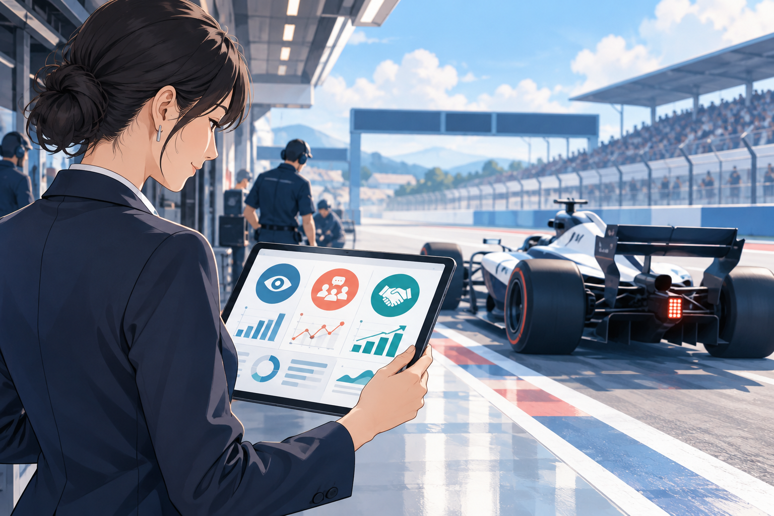レース車両と指標ダッシュボードを確認する担当者