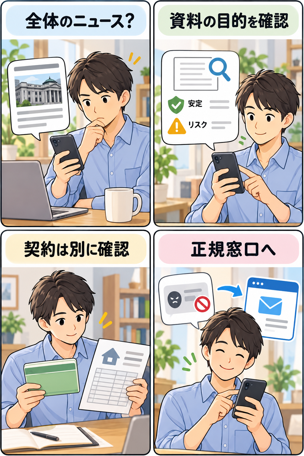 金融システムレポートの確認手順を示す4コマ