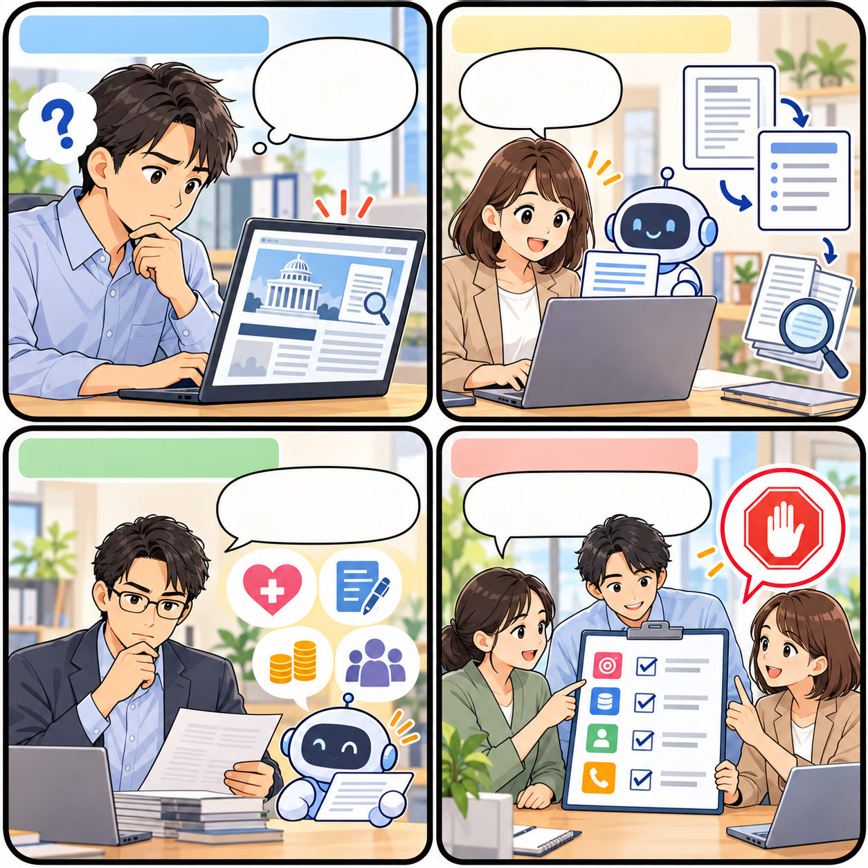 AI利用のニュースから確認と相談の流れを考える4コマ